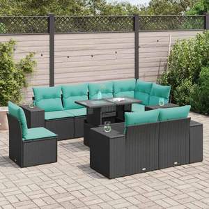 Juego de sofás de patio de 9 piezas de ratán sintético negro con cojines, conjuntos de jardín - Product Image 1