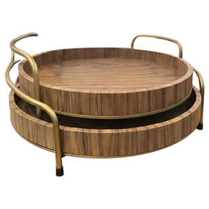 Ensemble de 2 plateaux de service ronds en bambou avec poignées métalliques, fournisseur en gros de plateaux de service pour la cuisine, Inde - Product Image 1