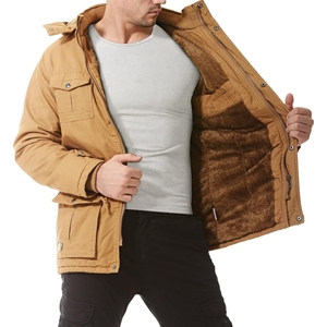 Mens Vintage Winter <b>Jacket</b> 100% Cotton Outerwear Detachable Hood <b>Fleece</b> <b>Lining</b> Stand Collar Zipper Closure OEM Service Available - Product Image 3