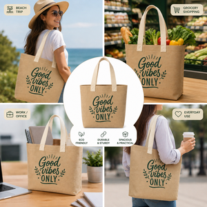 Sac fourre-tout en jute Good Vibes Only, couleur naturelle, poignée en coton, ouverture supérieure, style bohème, hauteur 35 cm, plage, voyage, usage quotidien - Product Image 4