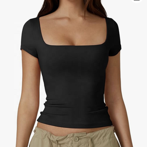 Camisetas flocadas de manga corta con cuello cuadrado para mujer, Camisetas básicas ajustadas para salir - Product Image 4