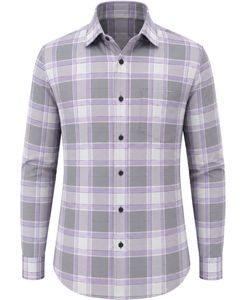 Chemise à carreaux gris lavande pour homme, décontractée et formelle, à manches longues, boutonnée, en flanelle de coton, pour le bureau, personnalisable - Product Image 1