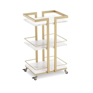 Modern Brass Rectangular Liquor Server Tiered <b>Rolling</b> Storage <b>Rack</b> And Wine Trolley with Integrated Push Handles - Product Image 3