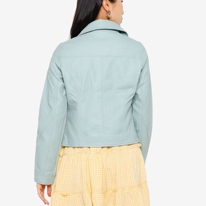 Chaqueta de Moto de Cuero Sintético Azul Claro para Mujer, Manga Larga, Cierre de Cremallera, Cuello Alto, Estilo Primavera - Product Image 4