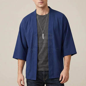 Chemise Kimono Homme Bleu Marine Sans Col Manches Trois-Quarts Décontractée Été Coton Popeline Respirante Design Point Ouvert - Product Image 6