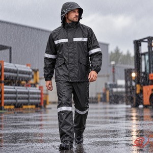 Maßgefertigter Schwarzer Reflektierender Sturm-Wasserdichter Regenanzug mit Kapuzenjacke und Hose, Reflektierende Outdoor-Arbeitskleidung, Wetterschutz-Lieferant - Product Image 3