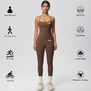 Ensemble de sport deux pièces respirant avec soutien-gorge dos nu uni et leggings taille haute froncés pour le yoga et le fitness - Product Image 3