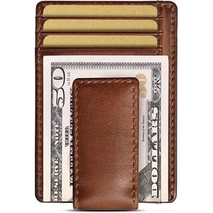 Portafoglio sottile con clip magnetica potente per uomo, in pelle bovina pieno fiore color marrone chiaro, porta carte e portafoglio da tasca frontale - Product Image 1