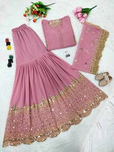Traje Sharara de Diseñador para Mujer con Bordado de Lentejuelas, Top con Botones Potli y Dupatta de Tela de Red, para Bodas y Celebraciones - Product Image 5