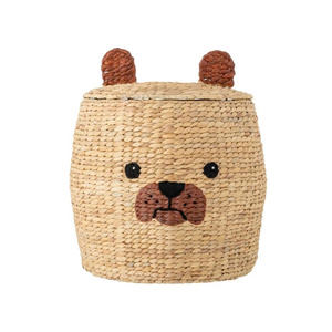 Adorable Bear Face Rattan Storage <b>Basket</b> <b>with</b> <b>Lid</b> Round Natural Plant Fiber Children's Storage Bin Durable Design - Product Image 1