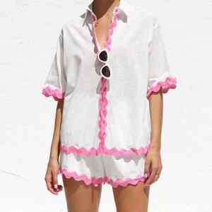 Conjunto de dos piezas de verano para mujer, compuesto por una blusa ligera y transpirable de lino de manga corta y pantalones anchos. - Product Image 6