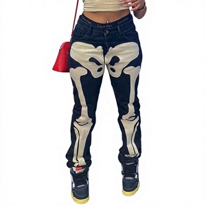 Jeans de Mezclilla con Estampado de Esqueleto, Cintura Alta, Corte Ajustado, Estilo Urbano, Pierna Recta, Pantalones de Algodón para Mujer, Ropa de Otoño - Product Image 1
