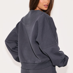Women's Dark Gray <b>O</b>-Neck Knitted Sweatshirt Full Sleeve Casual Short Length Solid Color Breathable Cotton Fabric Autumn Wear - Product Image 4