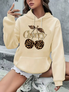 เสื้อฮู้ดดี้ผู้หญิงมีกระเป๋า ลายเสือดาวและเชอร์รี่ แขนยาว สไตล์สตรีทแวร์ เสื้อผ้าฮู้ดดี้สำหรับฤดูใบไม้ร่วง - Product Image 3