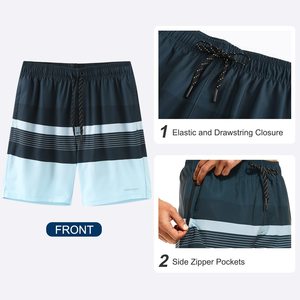 Shorts de bain pour hommes à blocs de couleur, design à panneaux rayés, séchage rapide, cordon de serrage, tenue décontractée de plage - Product Image 2