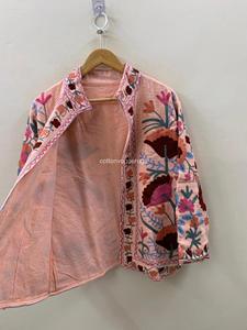 Manteau en coton brodé à la main à motifs floraux pour femmes, style bohème, manches longues, vêtement d'extérieur décontracté, col rabattu - Product Image 3
