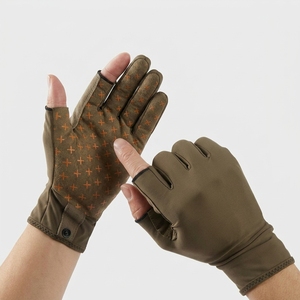 Gants de pêche en néoprène isolés antidérapants avec fermeture auto-agrippante unisexe toutes saisons marron avec motif en X orange - Product Image 2