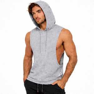 Vêtement de sport personnalisé d'été, imprimé en sérigraphie, veste de fitness de luxe sans manches vert olive pour homme avec capuche - Product Image 3
