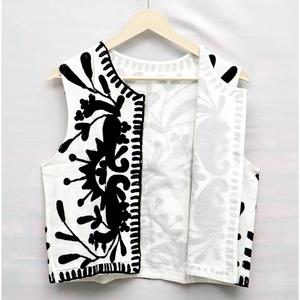 <b>Women's</b> <b>White</b> O-Neck Woven Cotton Duck Vest <b>Jacket</b> Black Floral Embroidered Elegant Coat Autumn Winter Spring Summer - Product Image 2