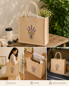 Jute Tote <b>Bag</b> with Lavender Embroidery <b>Medium</b> <b>Size</b> Reusable Beach Shopping Daily Use Handheld Handle - Product Image 3