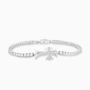 Luxury Women's 925 Silver Rhodium Plated Diamond <b>Bracelet</b> With Round Brilliant Cut Pavé Setting Flower Design Everyday Wear - Product Image 1