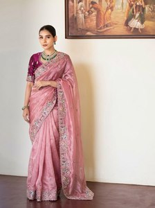 Premium <b>Tissue</b> Organza Saree Heavy Floral Embroidery | Winter Designer Indian <b>Wedding</b> Party Wear Saree Blouse Stretchable - Product Image 3