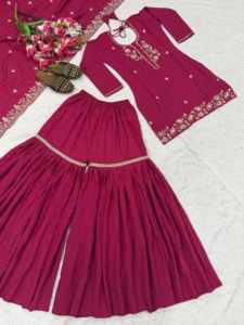 Heavy Vichitra Fabric Hand Work <b>Beads</b> <b>Top</b> with Fully Stitched Sharara Palazzo and Embroidery Sequence Work Dupatta Set - Product Image 6