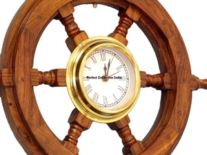 Volant de bateau 18 "avec horloge en laiton Décoration murale nautique en bois Horloge murale en laiton avec volant - Product Image 2