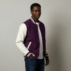 Men's Purple And Cream Varsity Jacket With <b>Button</b> Closure Regular Fit Casual Style Stand Collar Solid Color Cotton Lining - Product Image 3