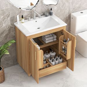 Mobile Bagno Multifunzionale da 30 Pollici con Lavabo Integrato, Mobile in MDF Naturale con Ante e Cassetto - Product Image 6