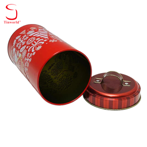Scatola di Latta Rotonda Cilindrica con Manico in Pelle, Motivo Natalizio Rosso, Personalizzabile per Caramelle e <span class=keywords><strong>Biscotti</strong></span>, Vendita all'Ingrosso OEM - Product Image 4