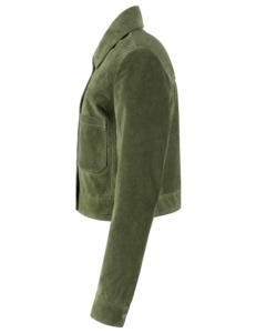 Women's Olive Green <b>Suede</b> Trucker <b>Jacket</b> Full Sleeve Turn down Collar Button Closure Short Length Autumn Style - Product Image 3