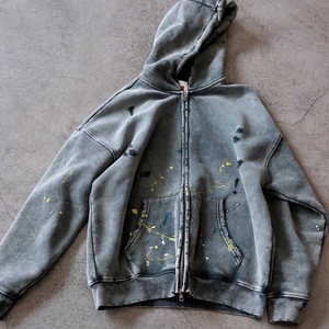Sweat-shirt unisexe à capuche zippé oversize en polaire effet peinture pulvérisée, style streetwear automne, avec poches, coupe oversize, couleur unie - Product Image 3