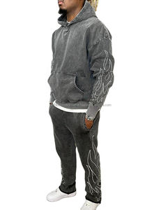 Survêtement en molleton à capuche avec broderie usée, pantalon de survêtement évasé, survêtement délavé à l'acide - Product Image 1