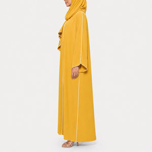 Customized Casual Wear Abaya Set For Women Open Front Ankle Length <b>Full</b> Covered Sleeve White piping V neck With Matching <b>Hijab</b> - Product Image 2
