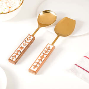 Juego de Cuchara y Espátula para Arroz de Acero Inoxidable con Diseño Real y Acabado Espejo Dorado, con Mango de Hoja y Estrella, Cubertería Moderna para Catering - Product Image 3