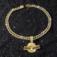 Nouveau Pendentif Requin Iced Out avec Inscription BREAD WINNER en Alliage Plaqué Or, Breloque Hip Hop en Strass, Collier Chaîne Caban, Bijoux de Rappeur