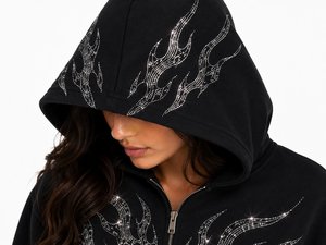 Sweat à capuche zippé intégral pour homme, personnalisé, avec broderie de crâne surdimensionné et strass scintillants - Product Image 5