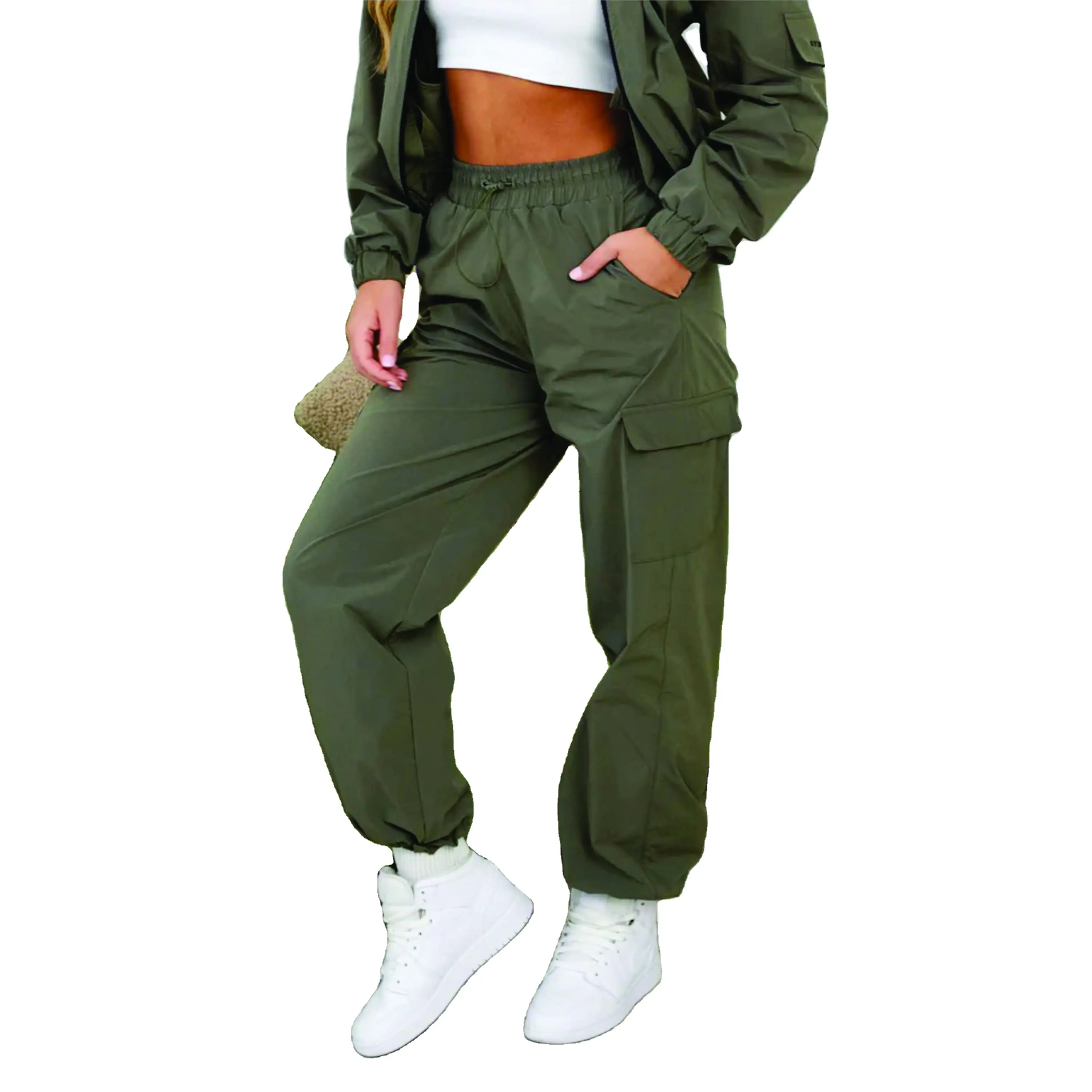 Premium Stretch Nylon Fabric 85% Polyamide 15% Elastane Utility Woven Cargo Pant Olive Women's Cargo Trousers