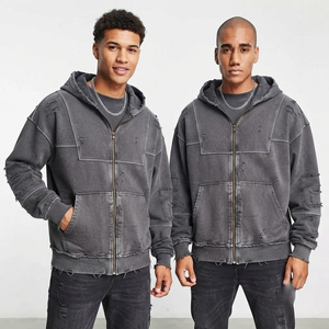 Veste à capuche en jean coupe décontractée pour homme – Veste streetwear délavée avec design multi-poches - Product Image 2