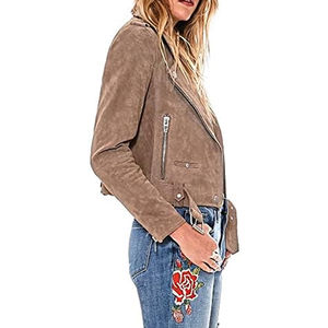 Chaqueta de cuero de gamuza para mujer, impermeable, para invierno, color marrón liso, talla regular. - Product Image 3