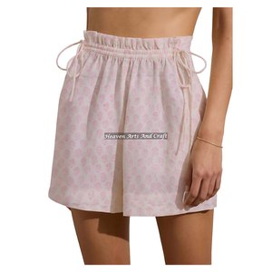 Short en tissu de coton imprimé à la main, avec cordon élastique à nouer à la taille, pour l'été, la plage, le sommeil, ou comme vêtement décontracté pour femme. - Product Image 6