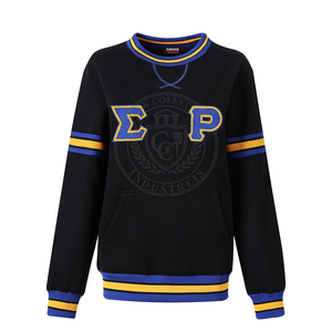 Sudadera de Mujer con Letras Griegas Bordadas en Chenilla Negra de la Hermandad Sigma P, Cuello Redondo, Forro Polar Cálido, Adornos en Azul y Dorado, Ropa Universitaria - Product Image 1