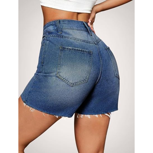 Women's <b>Stretch</b> <b>Denim</b> Shorts High Waist Raw Hem Long Cutoff Mom Fit Jorts Manufactured in Bangladesh - Product Image 2