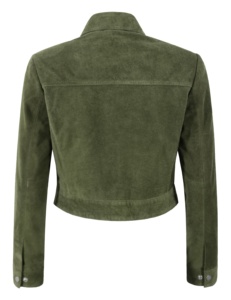 Women's Olive Green <b>Suede</b> Trucker <b>Jacket</b> Full Sleeve Turn down Collar Button Closure Short Length Autumn Style - Product Image 2