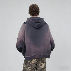 Custom Heavyweight 500gsm Cotton Acid Wash Grunge Distressed Grinding Boxy Fit Full Zip Hoodies Streetwear Supplier High Quality - Product Image 2