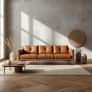 Sofá de Cuero Vacuno Genuino de Estilo Moderno de Mediados de Siglo, 3 Plazas, con Líneas Minimalistas y Estructura de Madera para Muebles de Sala de Estar - Product Image 2