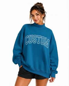 Sudadera Oversize de Cuello Alto con Hombros Caídos en Color Azul para Mujer, con Estampado de Letras Personalizado y Material de Mezcla de Poliéster/Algodón - Product Image 1