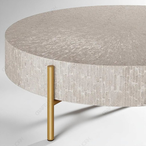 Mesa de Centro Redonda con Incrustaciones de Madreperla, Mesa de Centro de Madera Blanca con Patas de Metal en Tono Dorado, Muebles Modernos para Sala de Estar - Product Image 4