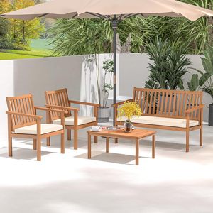 Modern Minimalist Teak <b>Garden</b> Bench and Armchairs 4 Piece Patio Wood Conversation Furniture <b>Set</b> - Product Image 3